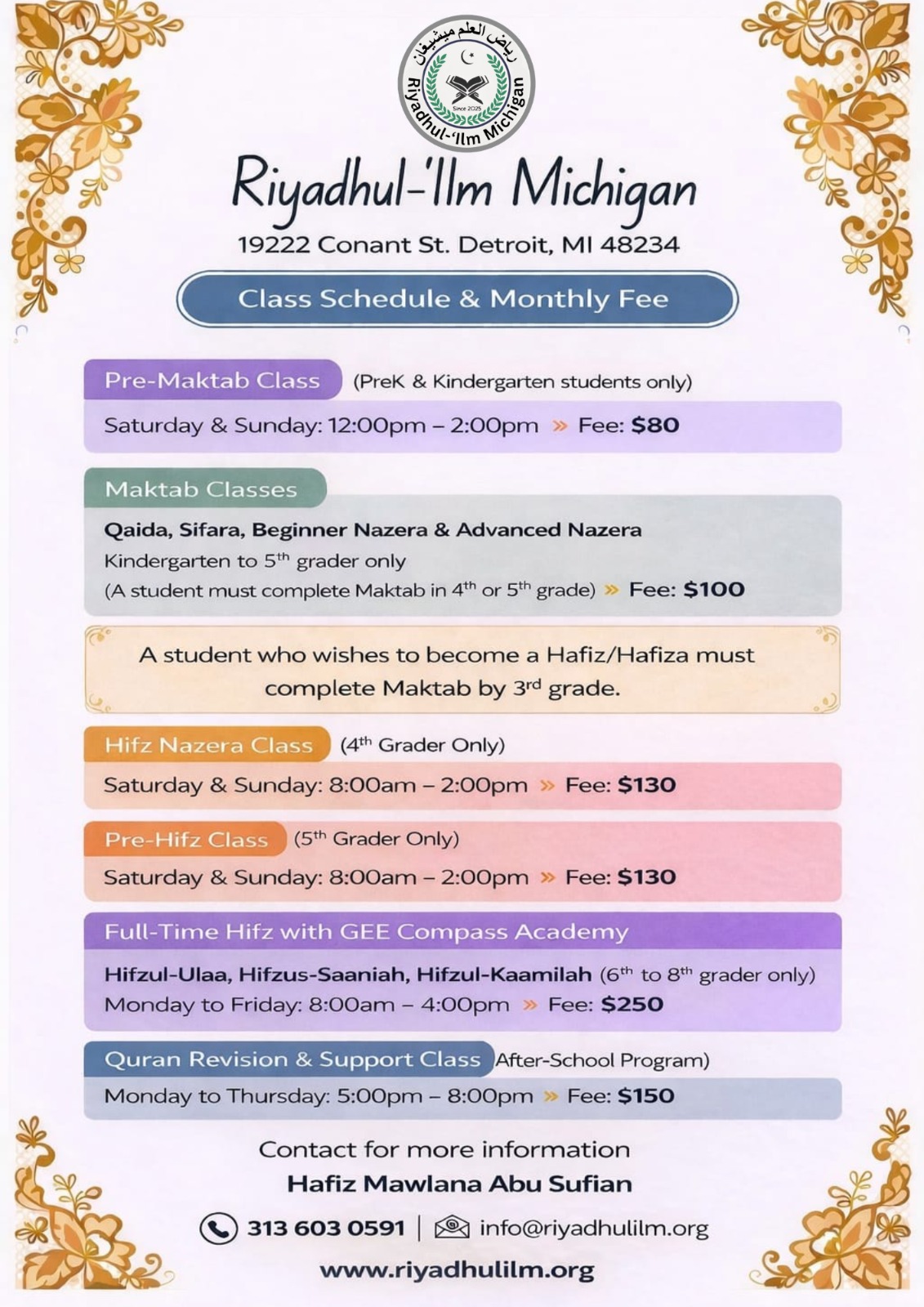 Class Schedule & Fee